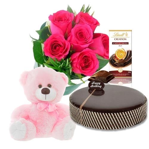 Buy Chocolate Mud Cake with Pink Roses and Lindt Orange Chocolate and 8 inch Teddy