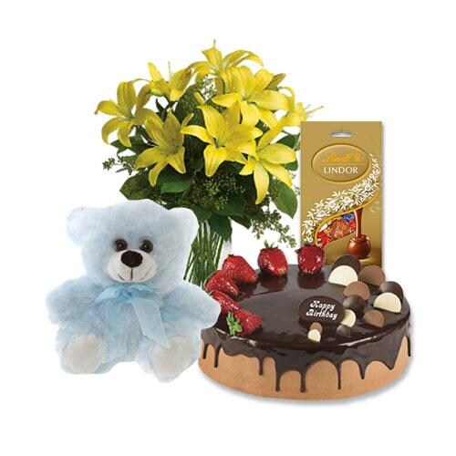 Buy Yellow Lilies with Choco Strawberry Cake and Assorted Chocolate and 6 inch Teddy