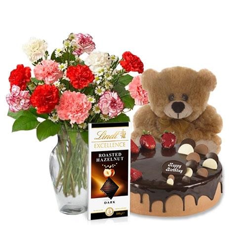 Buy Mix Color Carnations with Choco Strawberry cake and Lindt Dark Chocolate and 6 inch Teddy