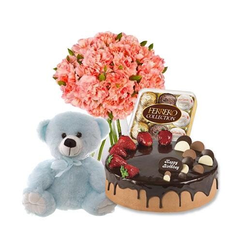 Buy Pink Carnations with Choco Strawberry Cake and Ferrero Rocher and 8 inch Teddy