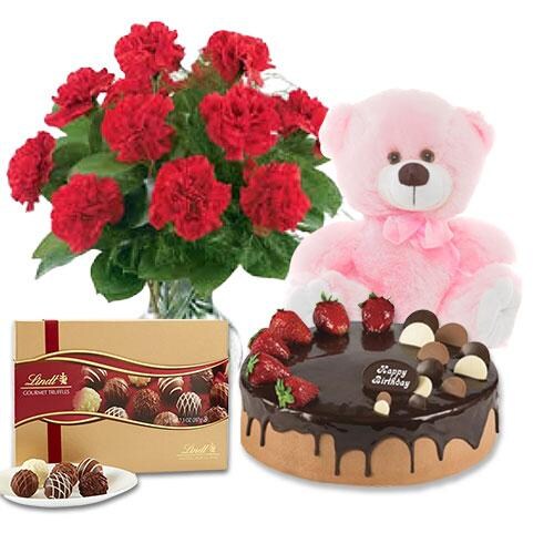 Buy Red Carnations with Choco Strawberry Cake and Lindt Gourmet Truffles and 8 inch Teddy