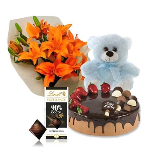 Buy Orange Lilies with Choco Strawberry Cake and Lindt Dark Chocolate and 6 inch Teddy
