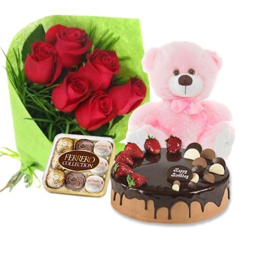 Buy Red Roses with Choco Strawberry Cake and Ferrero Rocher and 8 inch Teddy