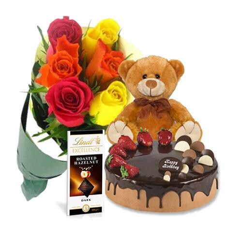 Buy Choco Strawberry Cake with Mix Roses and Lindt Dark Chocolate and 8 inch Teddy
