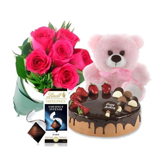 Buy Choco Strawberry Cake with Pink Roses and Lindt Coconut Chocolate and 6 inch Teddy