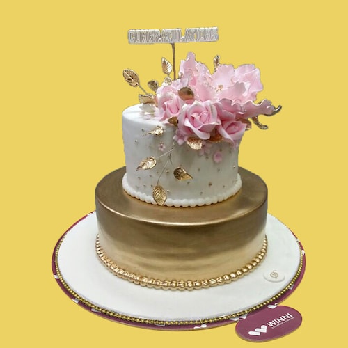 Buy Bold  and Gold Pink Rose Wedding Cake