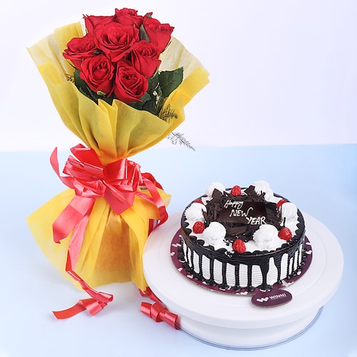 Buy 8 Red Roses With Black Forest Cake