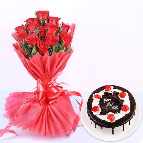 Buy 15 Red Roses With Black Forest Cake