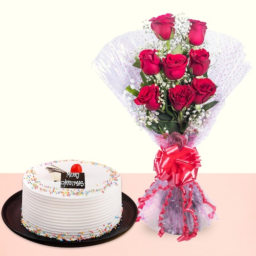 Buy Vanilla Cake With 8 Red Roses