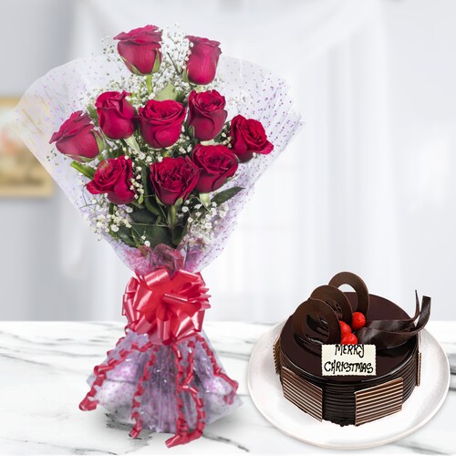 Buy 10 Red Roses With Chocolates Cake