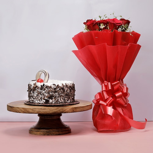 Buy Black Forest Cake with Red Roses