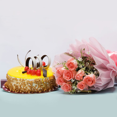 Buy 8 Pink Roses with Butterscotch Cake Combo