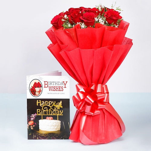 Buy Red Roses With Birthday Greeting Card