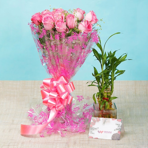 Buy Pink Roses With Bamboo