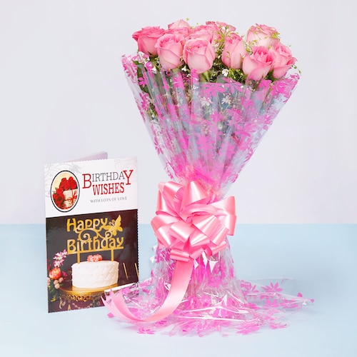 Buy Pink Roses With Birthday Greeting Card