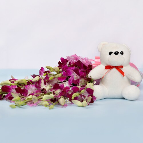 Buy Orchids With 6 Inches White Teddy Bear