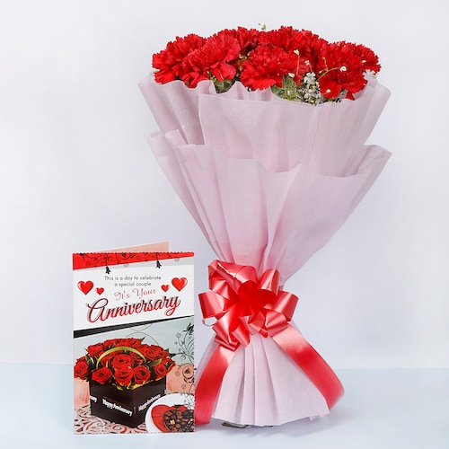 Buy Red Carnations With Anniversary Greeting Card