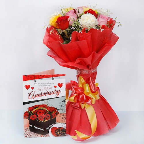Buy Mixed Roses With Anniversary Greeting Card