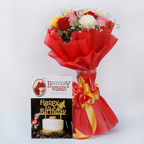 Buy Mixed Roses With Birthday Greeting Card