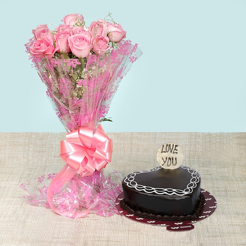 Buy Lovely Heart Shape Chocolate Cake With Pink Roses