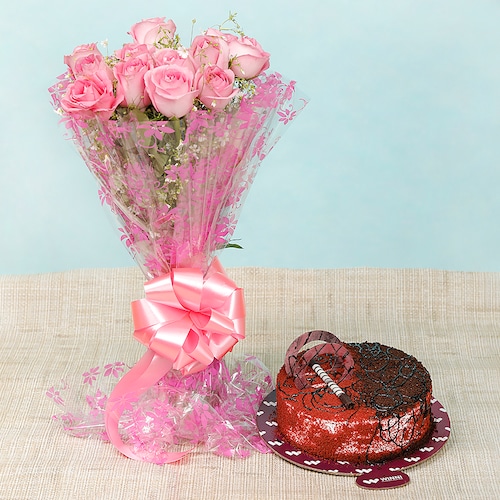 Buy Choco Red Velvet Cake With Pink Roses