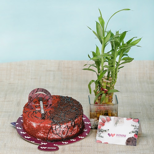 Buy Choco Red Velvet Cake With Pink Roses With Bamboo