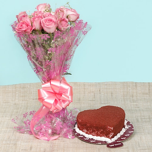 Buy Red Velvet Heart Shape Cake With Pink Roses