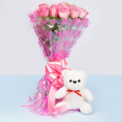 Buy Pink Roses With Teddy Bear
