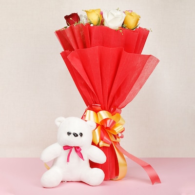 10 Mixed Roses And Small White Teddy Bear