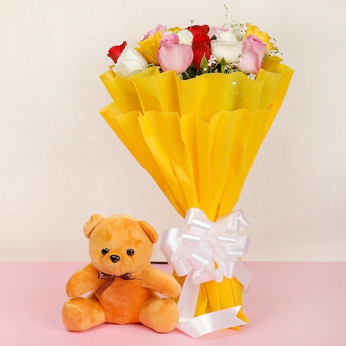 Buy 15 Mix Roses And Small Brown Teddy Bear