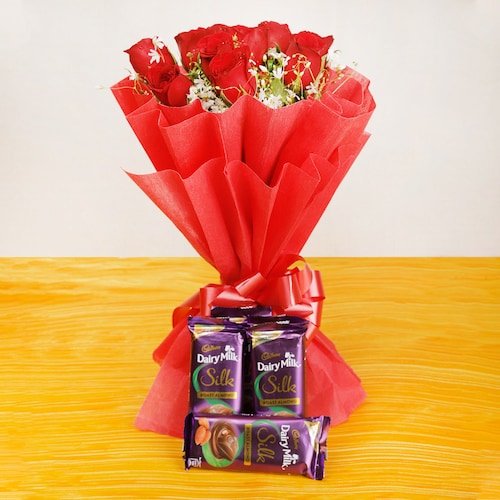 Buy 10 Red Roses And 5 Silk Chocolate