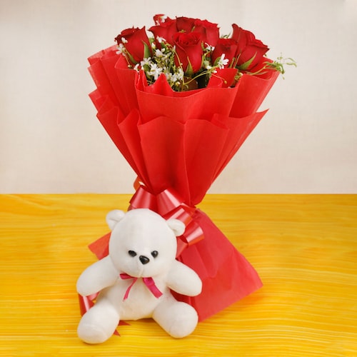 Buy 10 Red Roses And Small White Teddy Bear