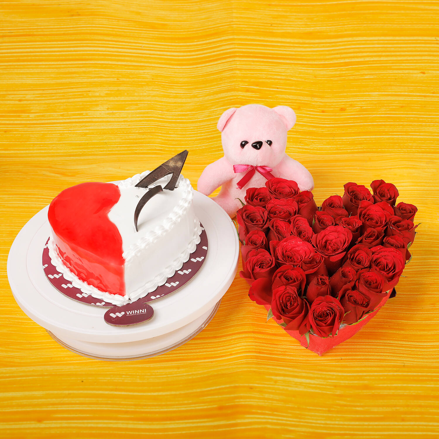 Heart Shape Strawberry Rose Design Cake with Red Teddy Bear - Tasty Treat  Cakes