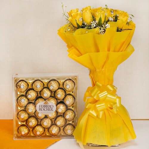 Buy 10 Yellow Roses with Ferrero