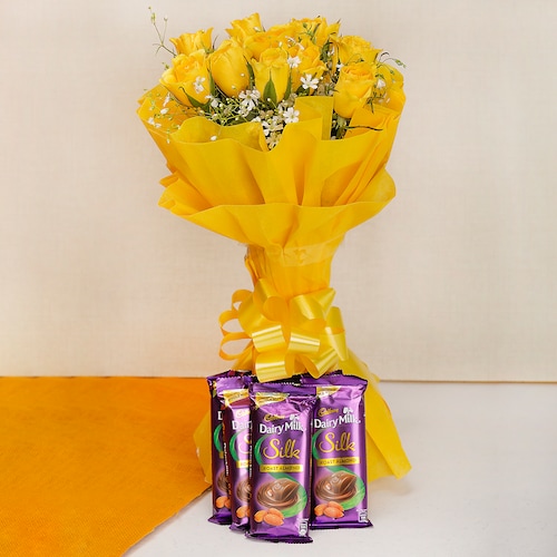 Buy 10 Yellow Roses with 5 Silk Chocolates