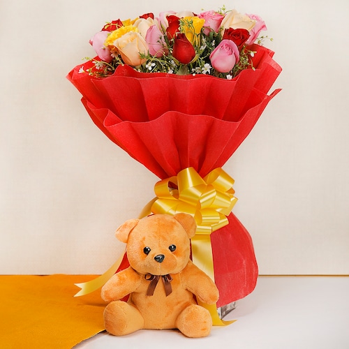 Buy 20 Mixed Roses with Teddy bear