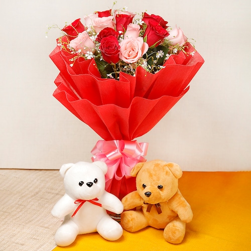Buy 15 Roses And 2 Teddy