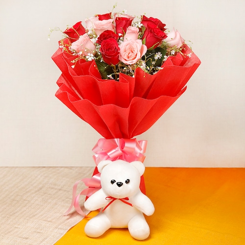 Buy 15 Red And Pink Roses With White Teddy