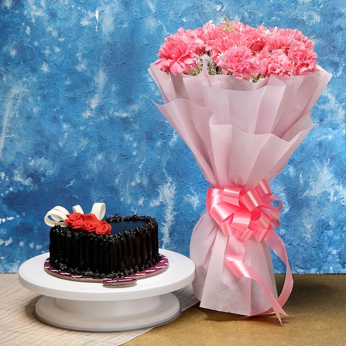 Buy 12 Pink Carnations And Chocolate Cake