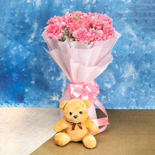 Buy 12 Pink Carnations And Small Brown Teddy