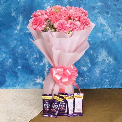 Buy 12 Pink Carnations And 5 Dairy Milk
