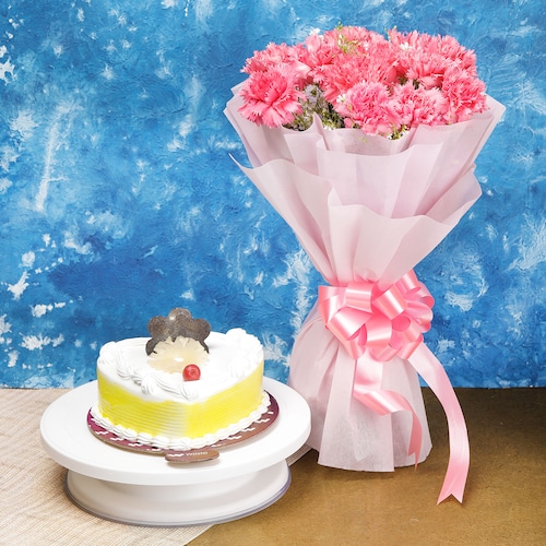 Buy 12 Pink Carnations And Pineapple Cake