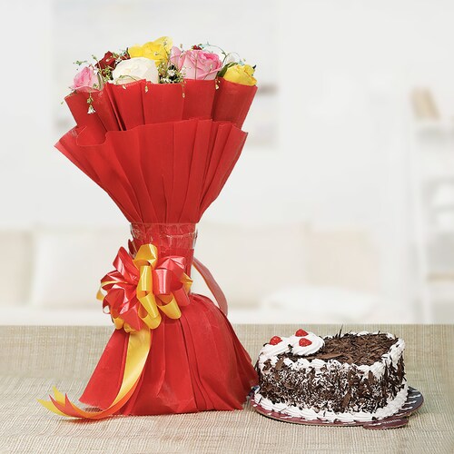 Buy Black Forest Cake With Lovely Mixed Roses