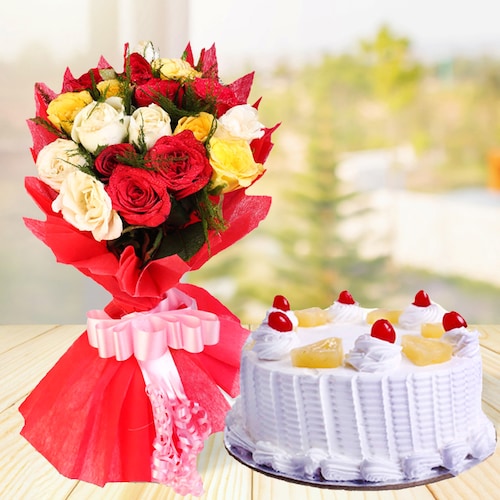 Buy Mixed Roses With Cake