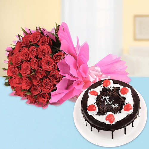 Buy 25 Red Roses With Black Forest Cake