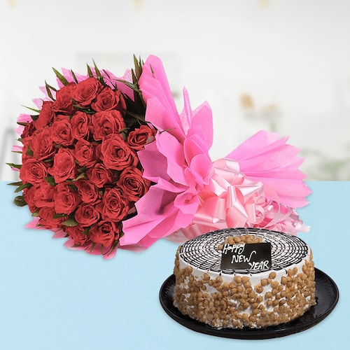 Buy Butterscotch Cake With 25 Red Roses