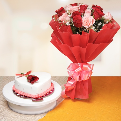 Buy 15 Red And Pink Roses With Vanilla Heart Shape Cake
