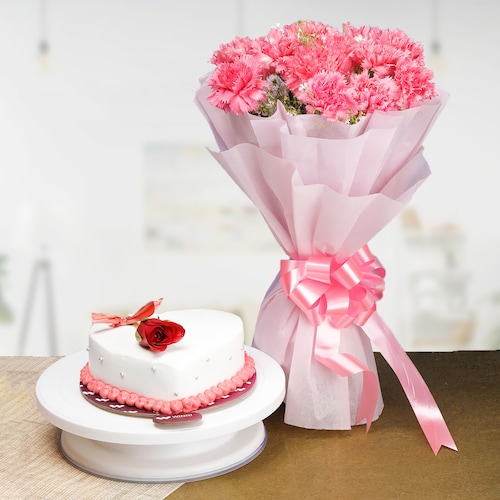 Buy 12 Pink Carnations And Vanilla Cake