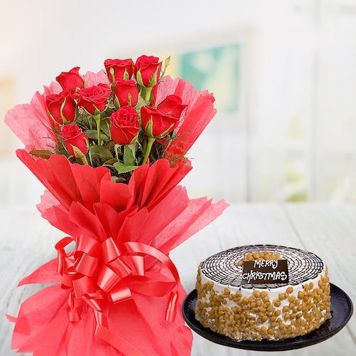 Buy Butterscotch Cake With Roses Bouquet