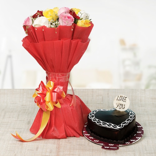 Buy Lovely Chocolate Cake With Mixed Roses